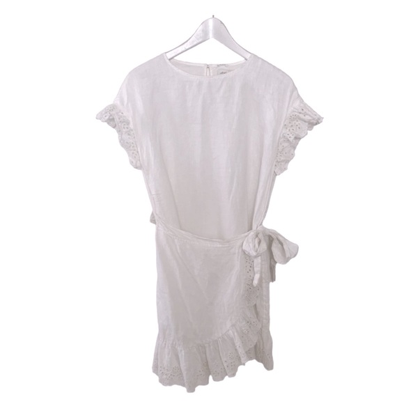 Aritzia Wilfred White Linen Mini Wrap Dress Ruffles Short Sleeves Size XS - Picture 3 of 13